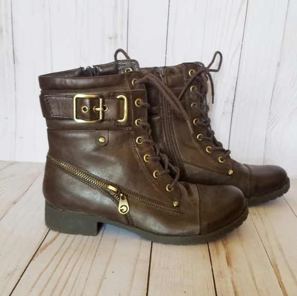 G by Guess Shoes - ❓🔽 G by Guess Brown Combat Boots Gold Buckles EUC